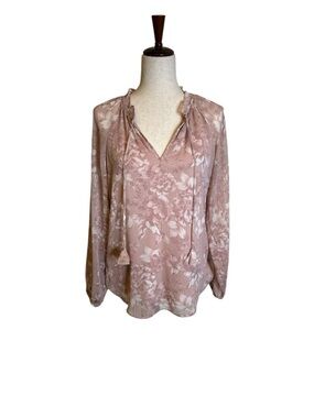 Joie Rose Taupe Floral Tie-Neck Blouse